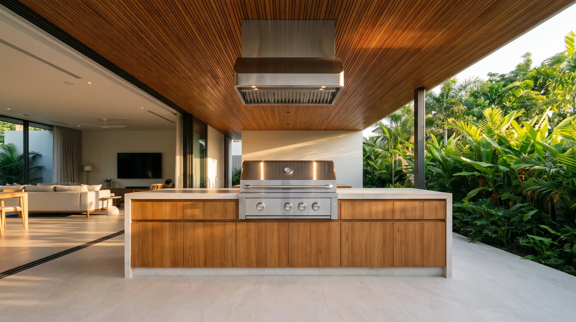 Área gourmet EMBERA sob pérgola de madeira, com forno de pizza sobre a bancada de pedra.